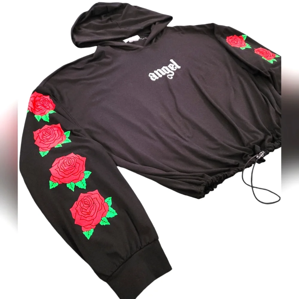 Streetwear Society Hooded Angel Top Sz Medium Roses Black Longsleeve Womens Jr. - Picture 3 of 9